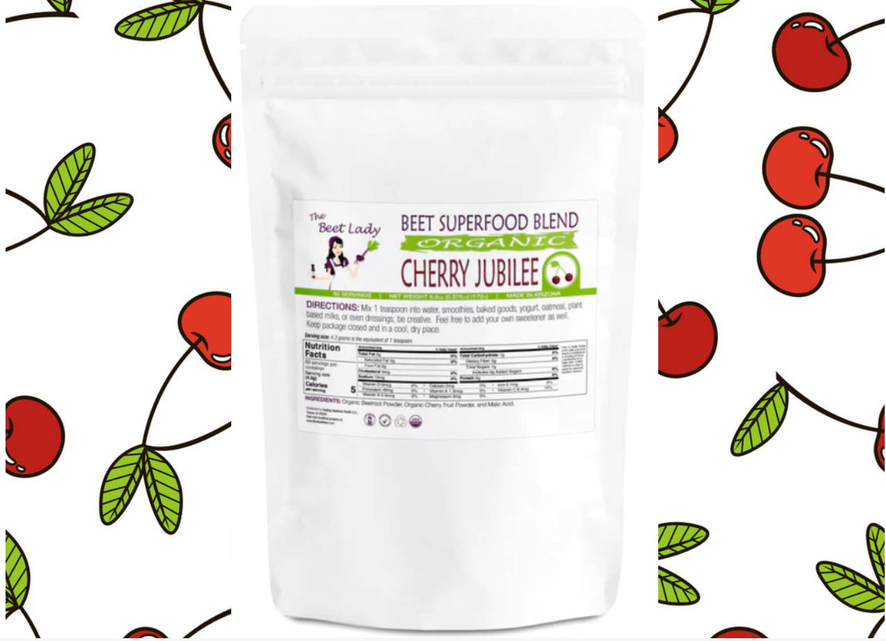 The Beet Lady CHERRY JUBILEE Beet Food Nutritional Therapy powder blended with real fruit - 100% bio-available nutrients from good food. Organic, plant-based, non-GMO, clean and raw.