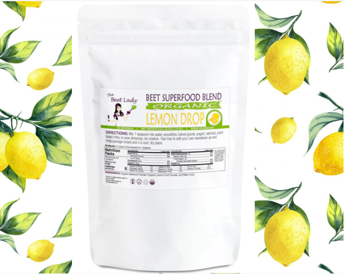 The Beet Lady LEMON DROP Beet Food Nutritional Therapy powder blended with real fruit.  Organic, plant-based, non-GMO.  6 oz