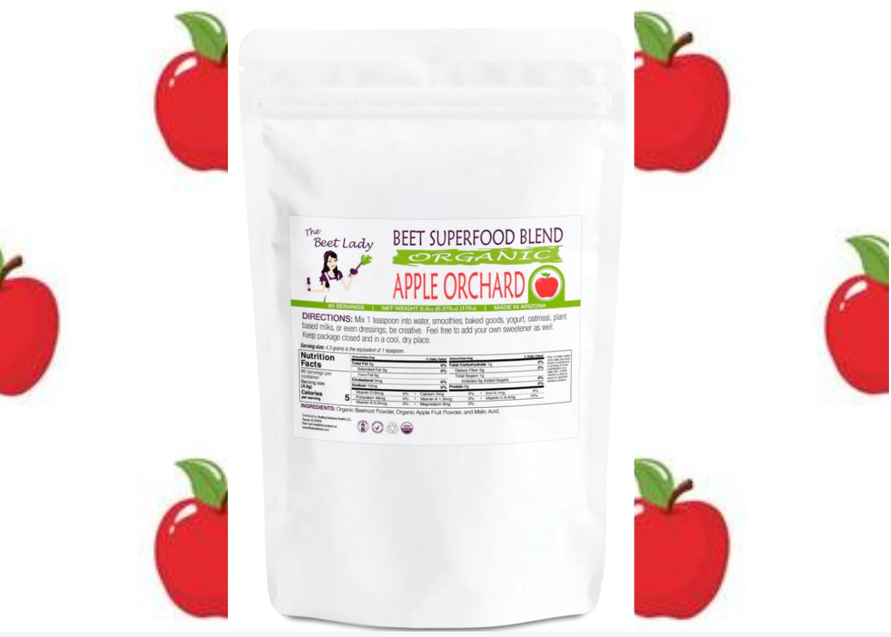 The Beet Lady APPLE ORCHARD Beet Food Nutritional Therapy powder blended with real fruit.  Organic, plant-based, non-GMO. 6 oz