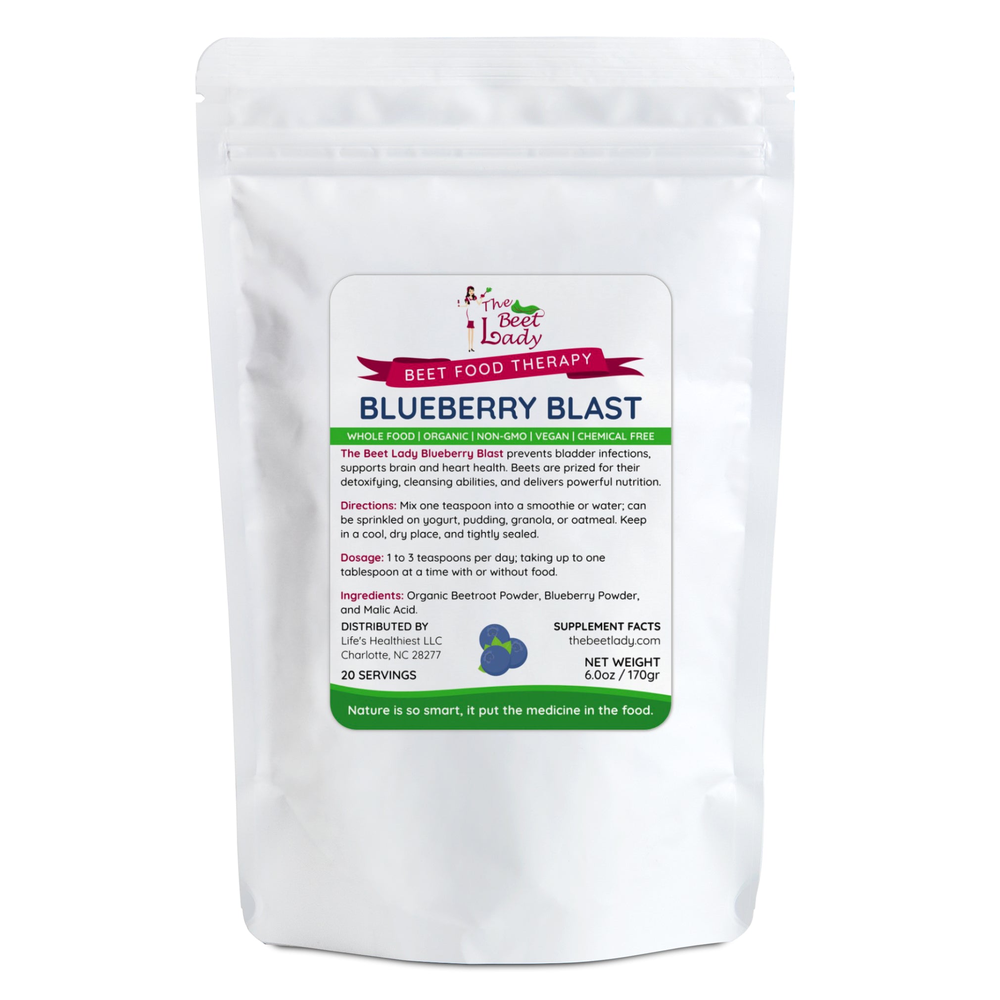 The Beet Lady BLUEBERRY BLAST Beet SuperFood powder blended with real fruit.  Organic, plant-based, non-GMO.  6 oz