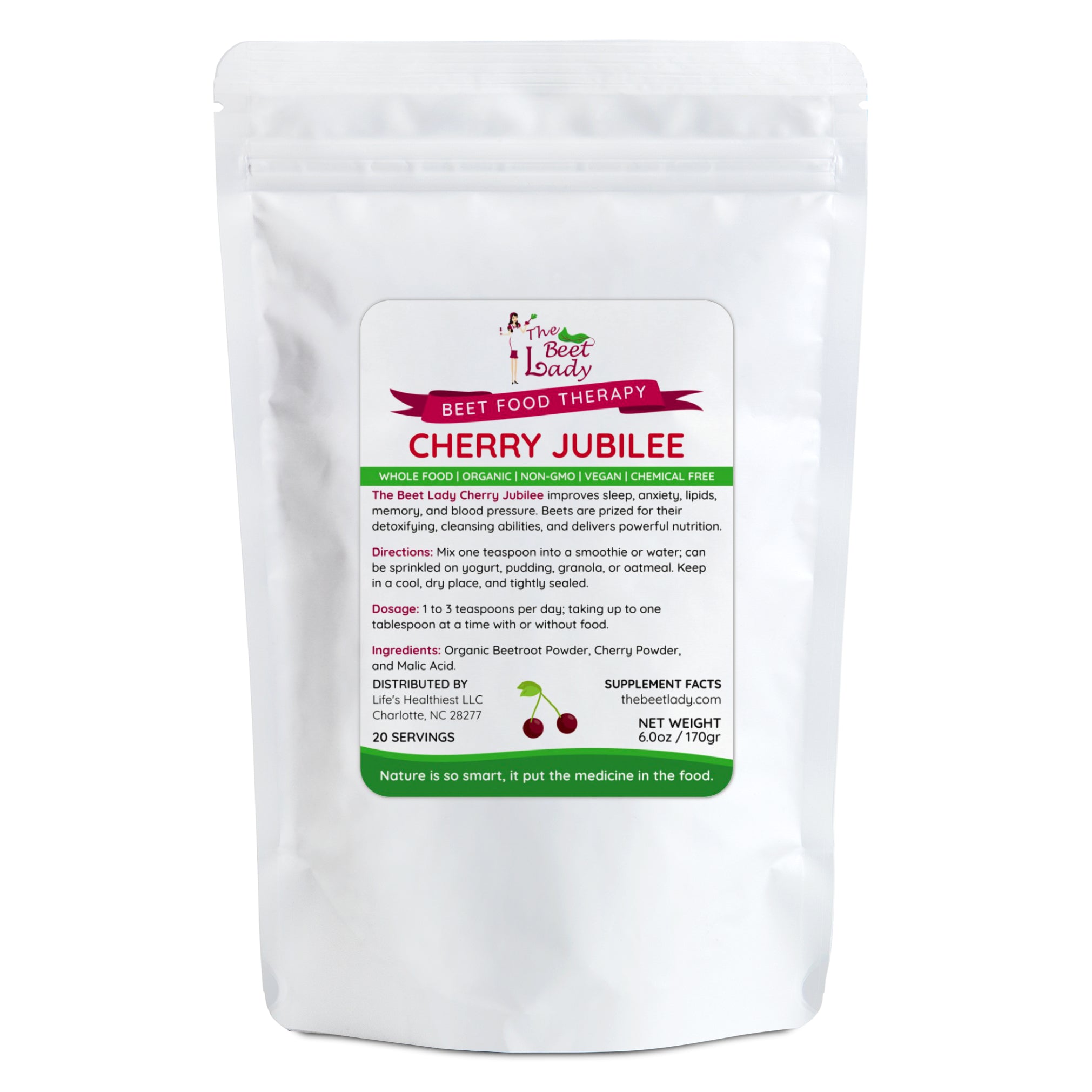 The Beet Lady CHERRY JUBILEE Superfood Powder blended with real fruit - 100% bio-available nutrients from good food. Organic, plant-based, non-GMO, clean and raw.