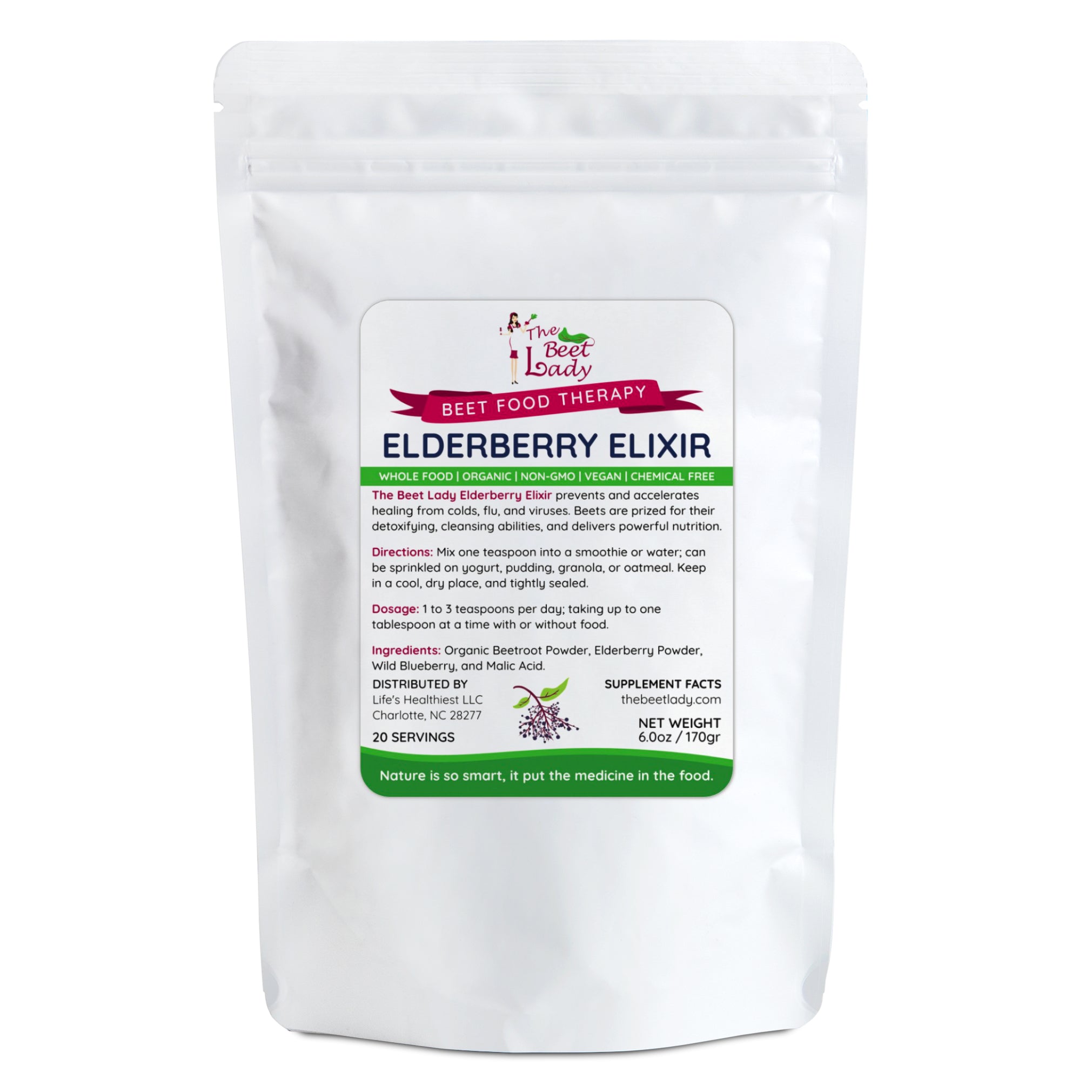 The Beet Lady ELDERBERRY ELIXIR Beet SuperFood powder blended with real fruit.  Organic, plant-based, non-GMO. 6 oz