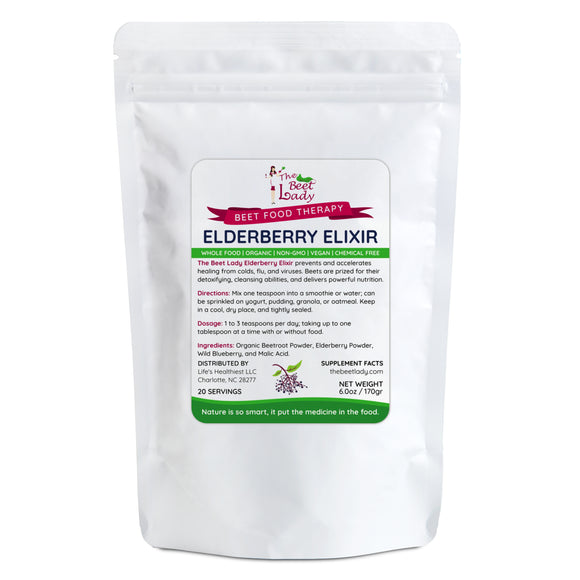 The Beet Lady ELDERBERRY ELIXIR Beet SuperFood powder blended with real fruit.  Organic, plant-based, non-GMO. 6 oz