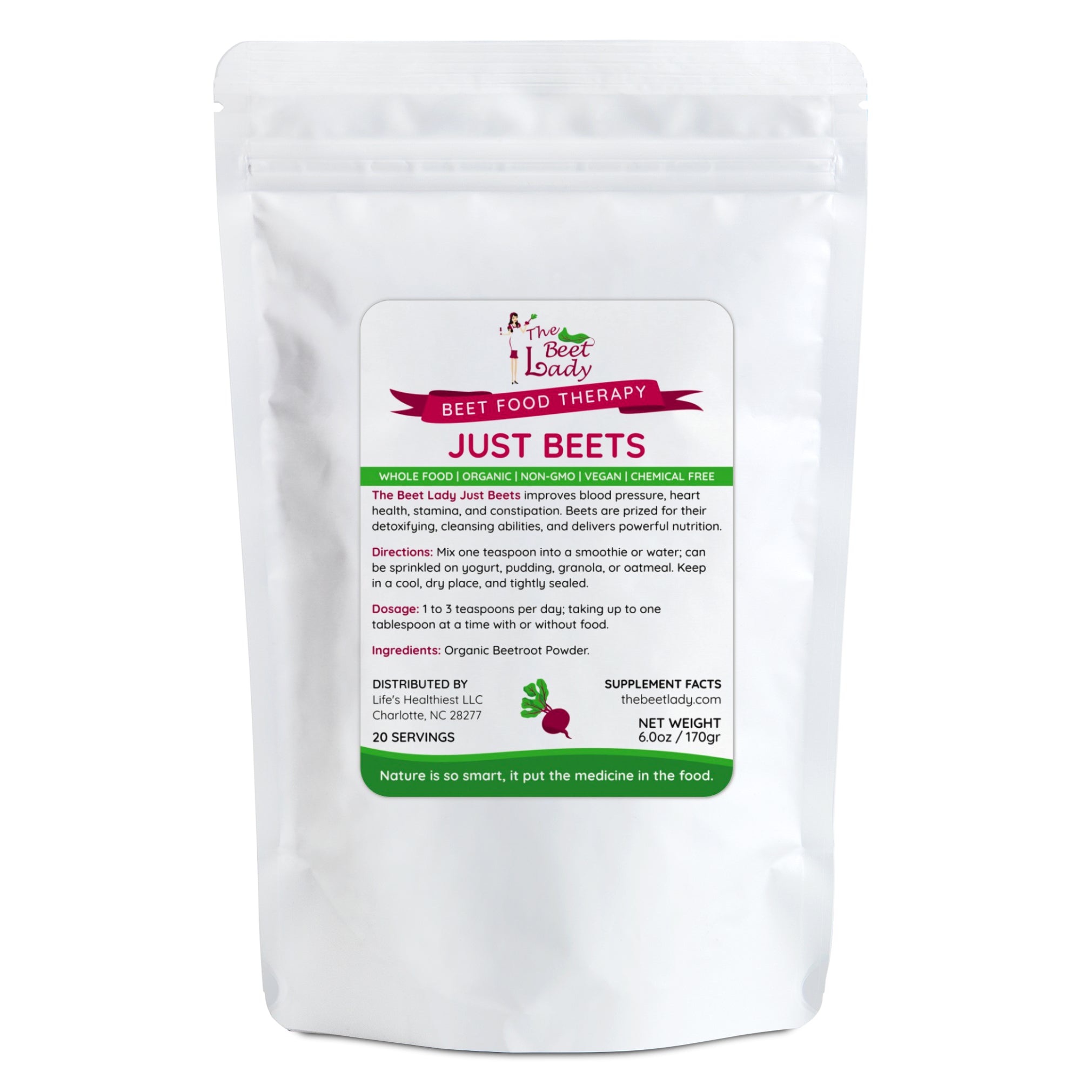 The Beet Lady JUST BEETS Nutritional Therapy powder and capsules.  Organic, plant-based, non-GMO