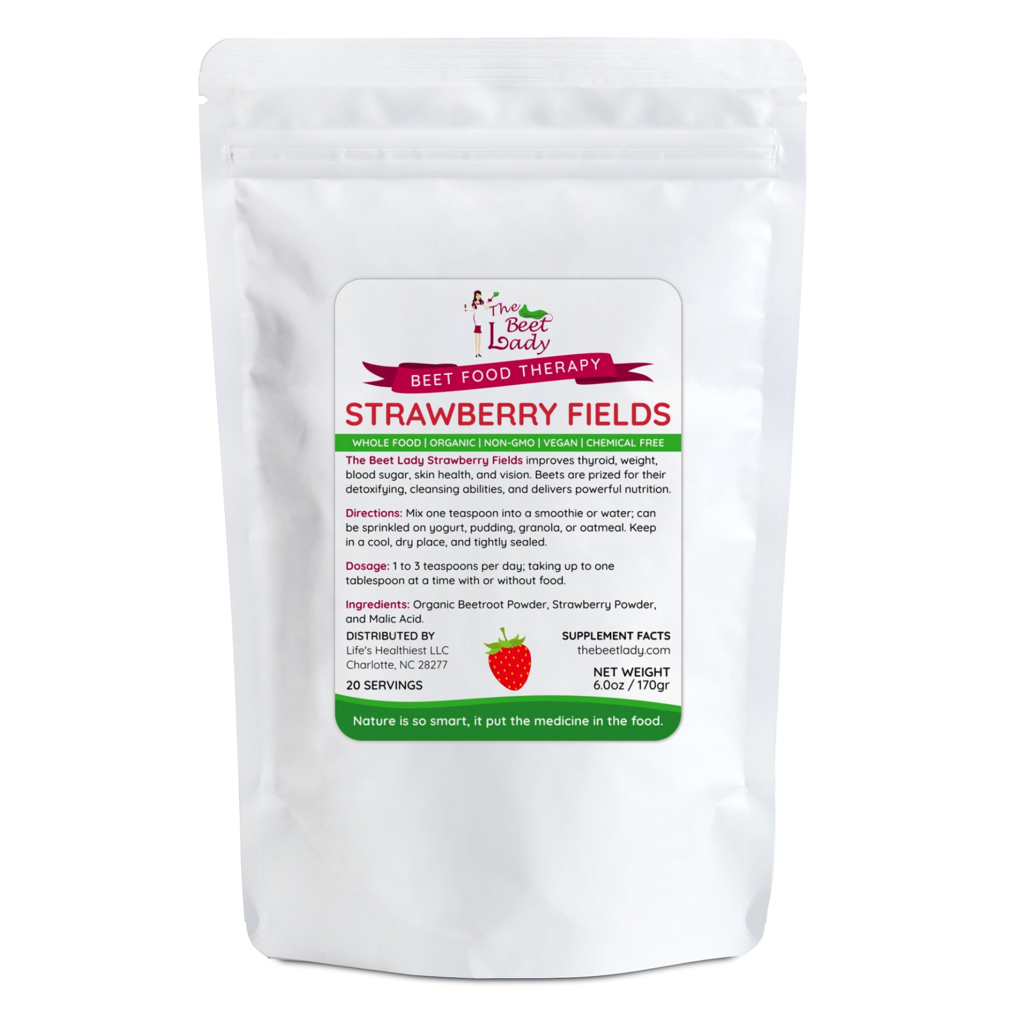 The Beet Lady STRAWBERRY FIELD Beet Food Nutritional Therapy powder blended with real fruit.  Organic, plant-based, non-GMO. 6 oz