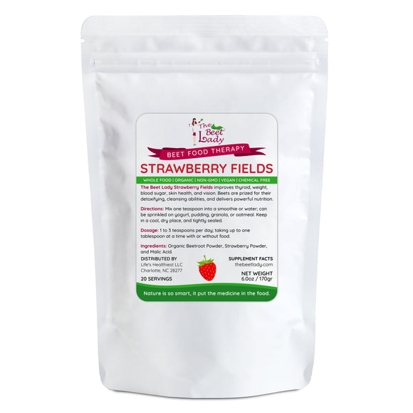 The Beet Lady STRAWBERRY FIELD Beet Food Nutritional Therapy powder blended with real fruit.  Organic, plant-based, non-GMO. 6 oz