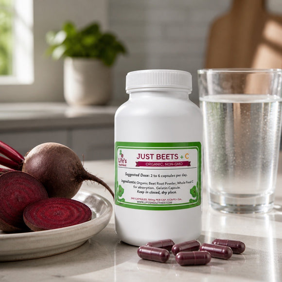 The Beet Lady JUST BEETS Nutritional Therapy powder and capsules.  Organic, plant-based, non-GMO