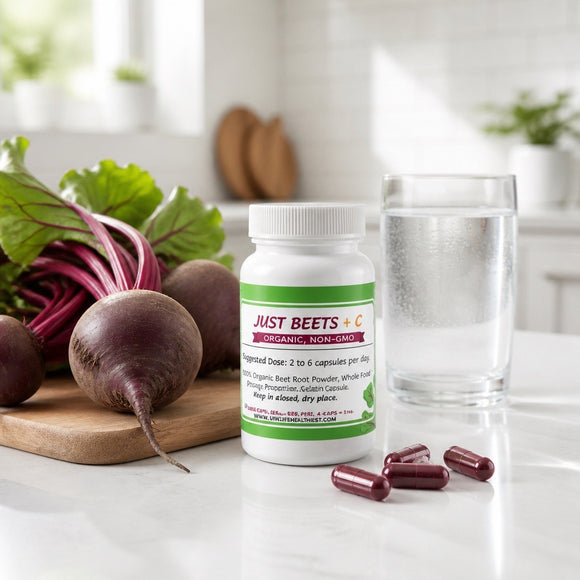 The Beet Lady JUST BEETS Nutritional Therapy powder and capsules.  Organic, plant-based, non-GMO
