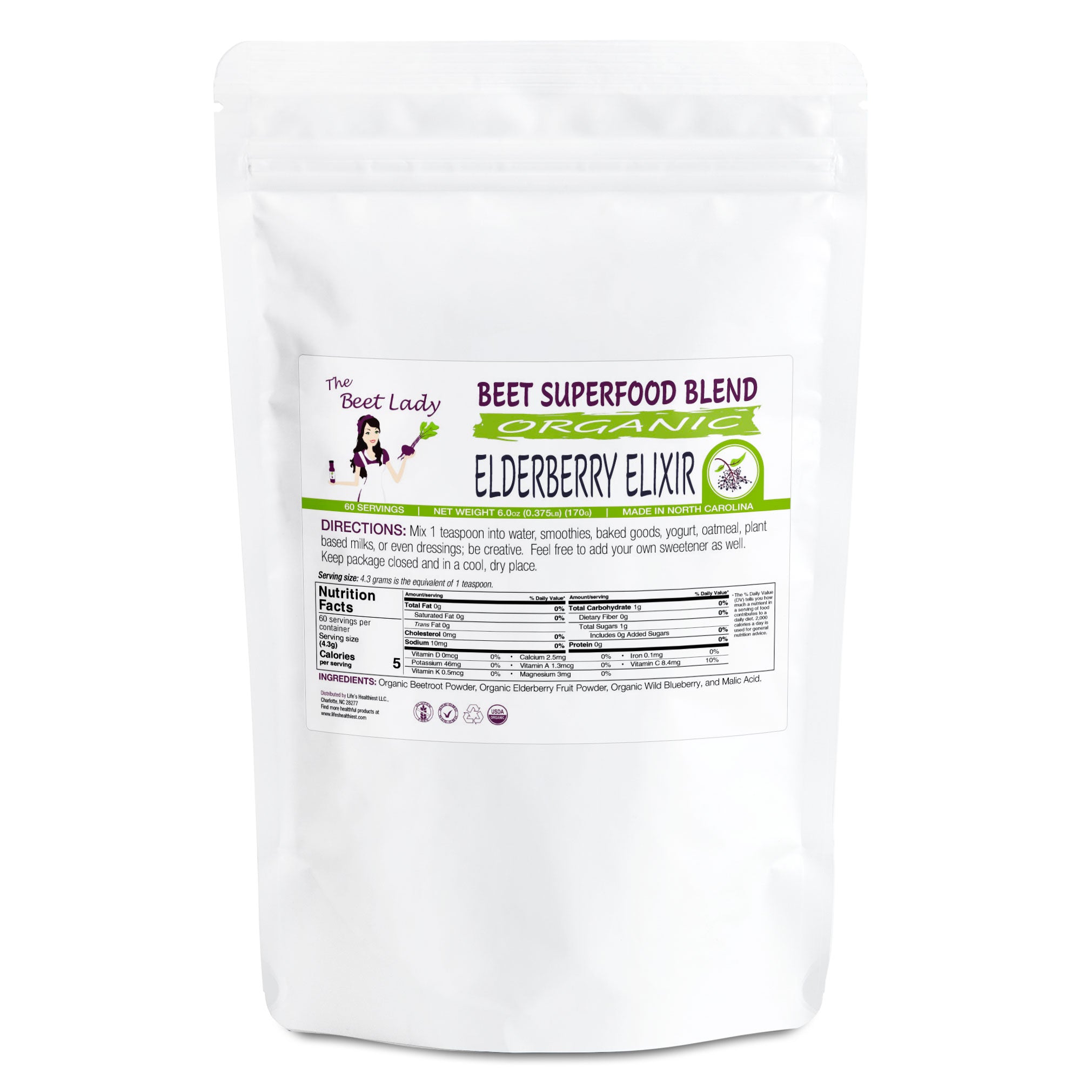 The Beet Lady ELDERBERRY ELIXIR Beet SuperFood powder blended with real fruit.  Organic, plant-based, non-GMO. 6 oz