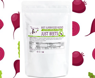 The Beet Lady JUST BEETS Beet SuperFood powder and capsules.  Organic, plant-based, non-GMO