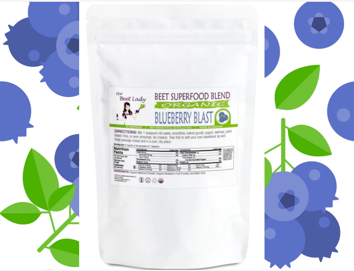 The Beet Lady BLUEBERRY BLAST Beet SuperFood powder blended with real fruit.  Organic, plant-based, non-GMO.  6 oz